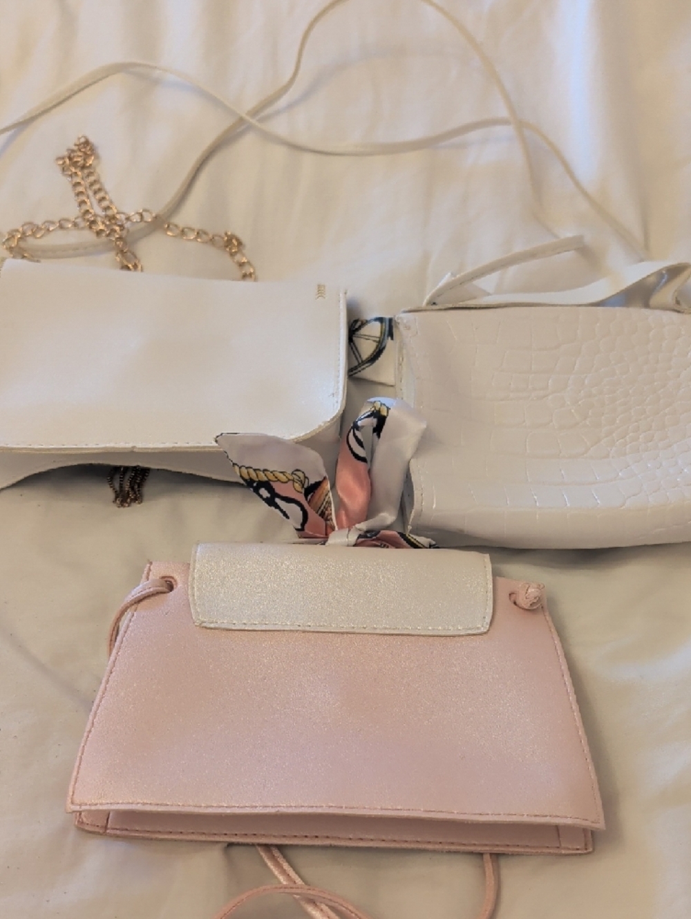 Women's White and Pink Crossbody Bag Set - Fashion Scarf Detail Set Of 3 - Picture 7 of 10